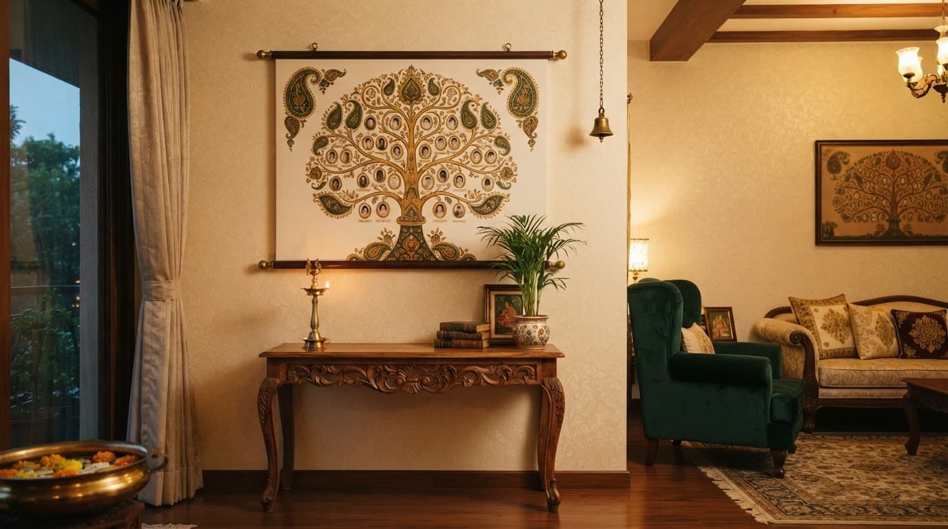 A large family tree canvas print on wooden battens displayed on a warm living room wall above a carved console table with a brass lamp