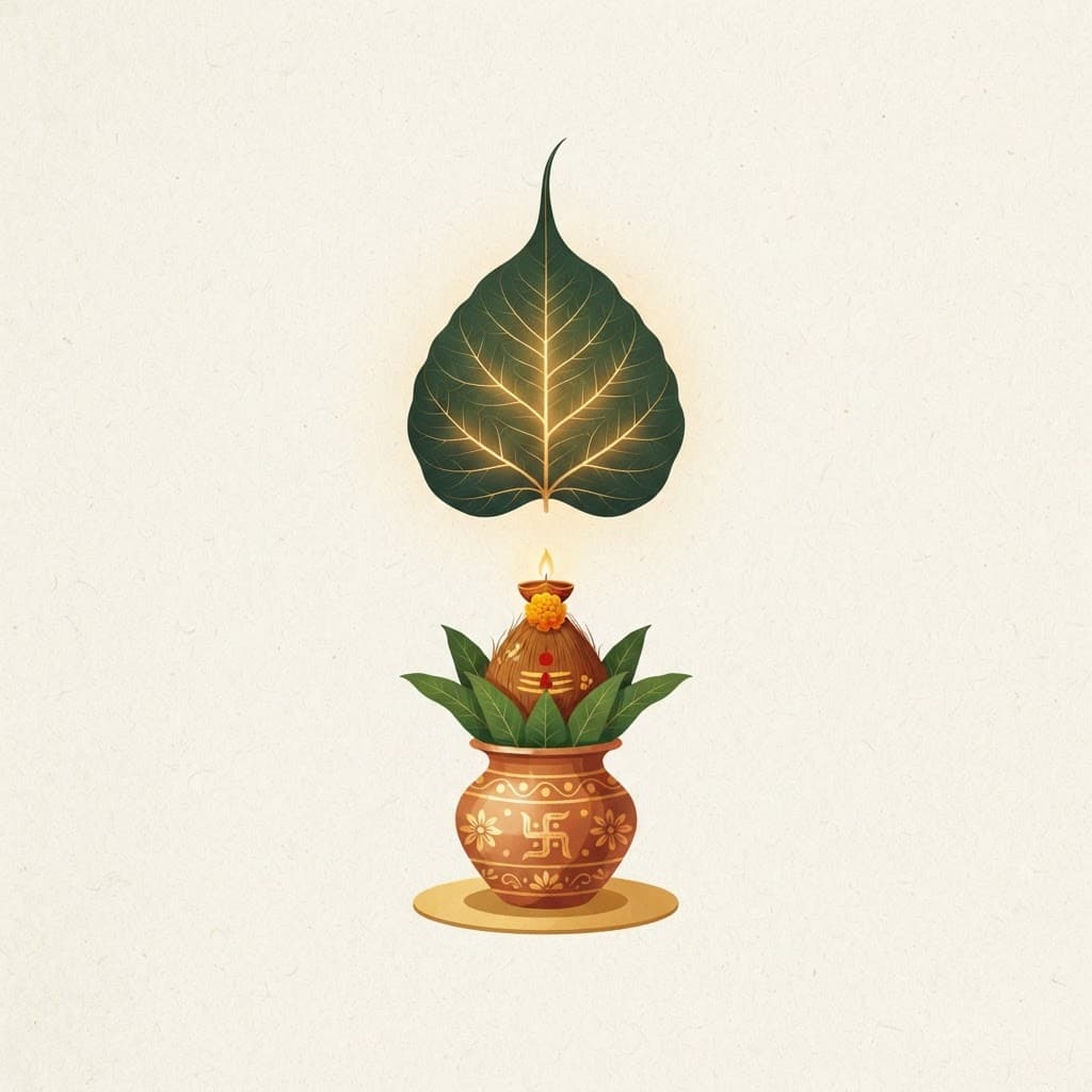 Illustrated sacred kalash with mango leaves, coconut and a glowing peepal leaf