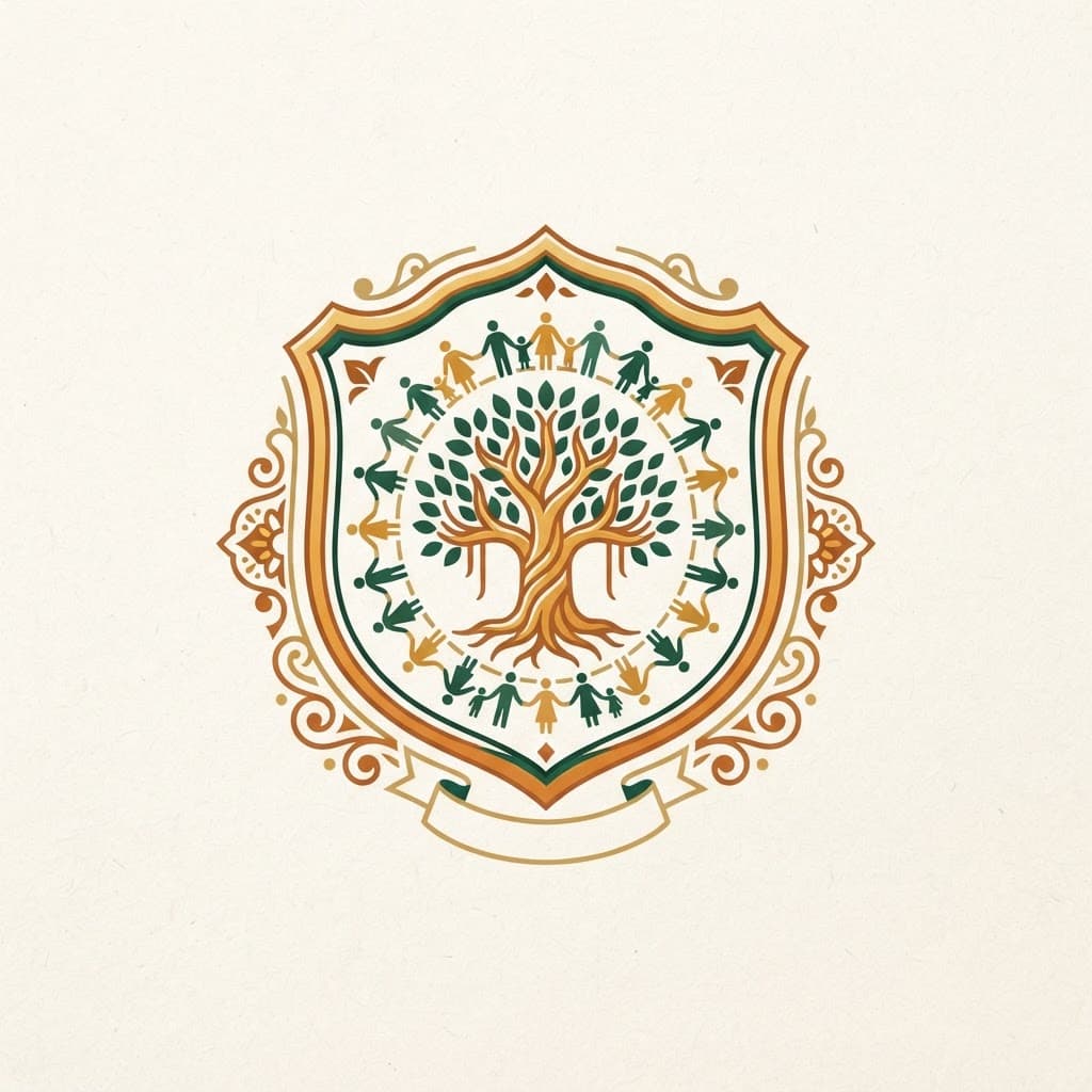 Illustrated family clan emblem with a banyan tree of life surrounded by joined family figures