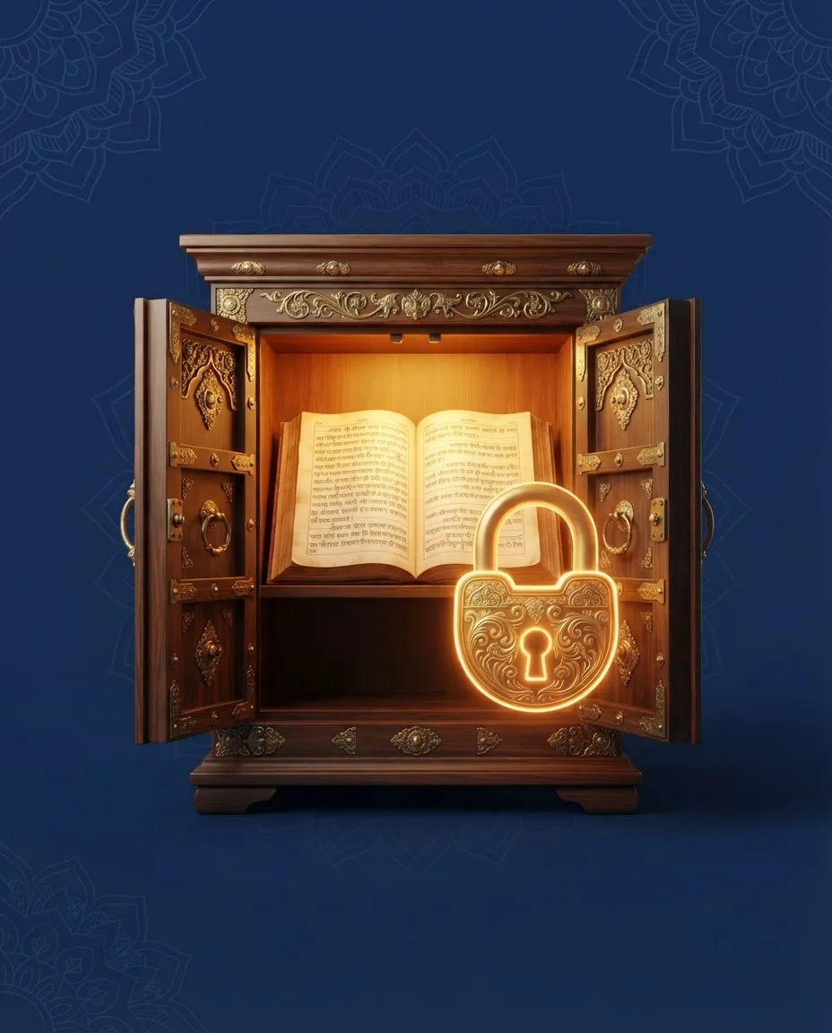 An antique wooden heritage vault holding a handwritten Marathi vanshaval ledger and golden lock symbolising family history safe and private