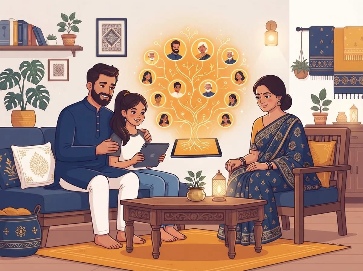 A modern Indian family exploring their glowing digital family tree together
