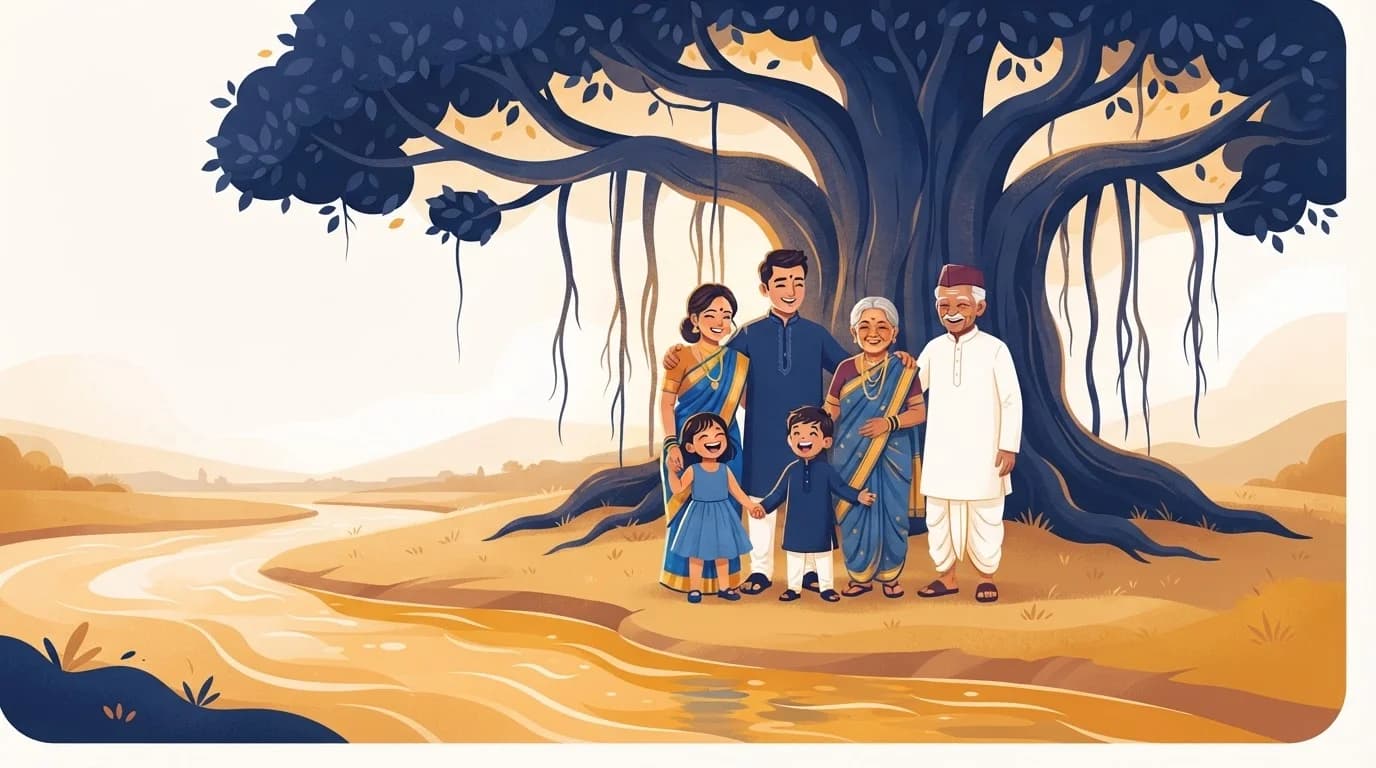 A multi-generational Indian family standing together under a grand banyan tree