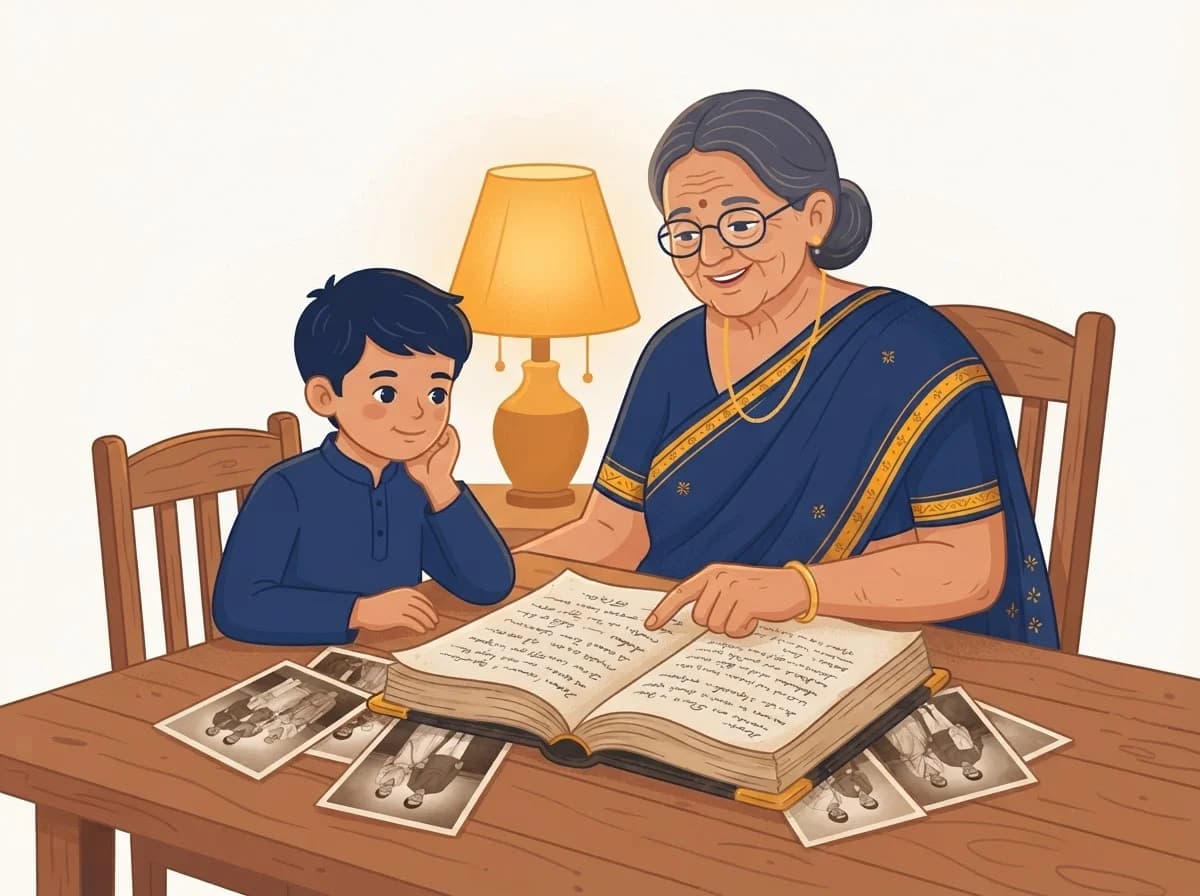 A grandmother showing her grandson an old handwritten family genealogy ledger